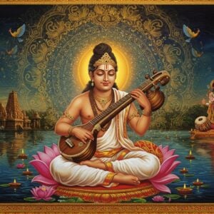 A serene portrait of Saint Tyagaraja in traditional white dhoti and angavastram, seated cross-legged on a golden lotus platform, playing his signature veena with divine expression. His face radiates spiritual bliss with eyes half-closed. Behind him, a large ornate mandala in Carnatic musical patterns featuring peacock blue and gold, with musical notes transforming into flying celestial birds. Surrounded by ethereal swirls of tambura strings creating spiral patterns in golden light. The background features the Thiruvaiyaru temple architecture in soft focus with the Kaveri river flowing serenely. Floating diyas and lotus flowers in the water reflect moonlight. Multiple translucent layers show scenes from his famous compositions - Rama appearing before him, the idol of Rama from Thiruvarur temple. Intricate Madhubani-style border with musical instruments like mridangam, violin, and flute interwoven with traditional South Indian motifs. The lighting is warm and mystical with golden rays emerging from behind Tyagaraja. The art style merges classical Indian paintings with modern digital art, emphasizing spirituality and devotion. The overall mood is transcendental and peaceful.