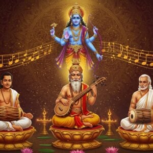 A mystical scene featuring three distinguished Indian musicians in traditional South Indian attire (white dhoti with angavastram) seated in padmasana on ornate golden lotus pedestals. The central figure, Tyagaraja, holds a tambura and wears rudraksha malas, flanked by Muthuswami Dikshitar and Shyama Shastri. Above them floats an ethereal, glowing Sri Rama deity (blue-skinned, holding bow and arrow) blessing Tyagaraja. Musical notes manifest as golden swirls and peacock feather patterns in the air. The background features a massive mandala in deep carnatic colors (maroon, gold, and peacock blue) with intricate veenas and traditional musical instruments woven into its pattern. Soft rays of divine light illuminate the scene from above, creating a supernatural aura. The composition includes floating lotus flowers, seven musical swaras depicted as seven different colored rays, and tambura strings extending into infinity. Art style combines traditional Tanjore painting aesthetics with modern digital art techniques, emphasizing rich textures and metallic gold accents. The scene should have a dreamy, transcendent quality with subtle particle effects suggesting divine presence.