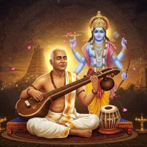 A serene Indian classical musician in traditional white dhoti and angavastram seated cross-legged on an ornate wooden platform, playing the veena with closed eyes and divine expression. Behind him, a luminous ethereal manifestation of Lord Rama in royal blue attire, golden crown, and wielding the Kodanda bow in his right hand, appears in a soft golden glow. The background features an elaborate Madhubani-style mandala in deep maroons and peacock blues, interspersed with miniature scenes from Ramayana. Floating musical notations in Telugu script transform into delicate lotus petals. A grand temple gopuram of Thiruvaiyaru silhouetted against a dawn sky appears in the distance. The scene is bathed in warm golden light with subtle rays emanating from Lord Rama's form. Multiple translucent layers of tambura strings float in the air, creating a mystical atmosphere. The art style combines hyperrealistic portraiture with traditional Indian artistic elements, featuring rich jewel tones, intricate patterns, and spiritual symbolism.