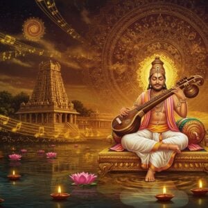 A majestic Indian classical scene featuring Saint Tyagaraja in traditional white dhoti and angavastram, seated cross-legged on an ornate golden platform, playing his signature veena. His face radiates divine bliss with closed eyes and serene expression. Behind him, a large, intricate mandala in shades of deep maroon and gold pulses with ethereal light. Floating musical notes transform into celestial beings dancing in spiral patterns. The background features the Thiruvarur temple's sacred architecture with detailed Dravidian gopuram. Multiple translucent layers of peacock blue and saffron light streams flow through the scene. In the foreground, a mystical river Cauvery flows, its waters reflecting golden ripples of musical vibrations. Lotus flowers in various stages of bloom float on the water, each containing small diyas with glowing flames. The scene is rendered in a fusion of Tanjore painting style and modern digital art, with rich gold leaf effects and gem-like colors. The lighting is warm and divine, creating a supernatural atmosphere with subtle hints of spiritual energy transmitted through musical vibrations.
