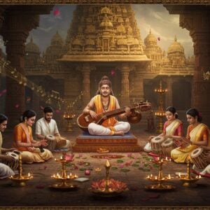 A grand Indian classical music concert scene set in a traditional South Indian temple courtyard, with ornate Dravidian architecture featuring golden gopurams in the background. A central figure of Saint Tyagaraja in traditional white dhoti and angavastram, seated cross-legged on an elevated platform, playing the veena with divine expression. Around him, a harmonious gathering of modern-day Carnatic musicians in traditional attire (silk veshtis and angavastrams) singing with devotion. Multiple veenas, mridangams, and tamburas arranged in a circular formation. The scene is illuminated by warm, golden light from traditional brass lamps, with floating lotus petals and visible musical notes manifesting as ethereal golden swirls. Intricate Madhubani-style border patterns featuring peacocks, lotus motifs, and musical instruments frame the scene. The color palette includes deep maroons, ivory whites, temple gold, and peaceful blues. A soft, supernatural glow emanates from Tyagaraja, suggesting divine presence. Hyperrealistic digital art style with mystical Indian elements.