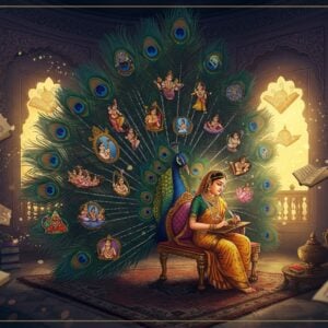 A mystical Indian library setting with an ethereal glow, featuring a majestic peacock with its feathers spread in intricate Madhubani art style, each feather containing different miniature scenes depicting various poetic elements. The central space shows a beautiful Indian female poet in a flowing golden silk saree, seated on an ornate carved wooden chair, writing with a traditional quill. Around her, floating metaphorical elements materialize: a mirror reflecting multiple images (for Upama), intertwined lotus stems (for Slesha), shimmering golden chains linking various objects (for Rupaka), and swirling clouds forming suggestive shapes (for Dhvani). The scene is illuminated by warm, golden light streaming through ornate jharokha windows. Decorative Sanskrit manuscripts float in the air, their pages turning gently. The color palette focuses on deep indigo, burnished gold, royal purple, and touches of emerald green. The overall composition follows traditional Pattachitra style borders with contemporary digital rendering, creating a harmonious blend of classical and modern aesthetics. Soft particles of light dance around the scene, and subtle mandalas form in the background air.
