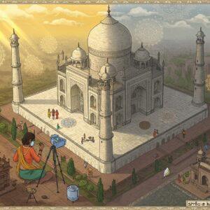 A majestic aerial view of the Taj Mahal with intricate Madhubani-style patterns flowing through its marble architecture, surrounded by a glowing golden aura. In the foreground, a young Indian female conservator in modern professional attire delicately restores ancient murals using traditional techniques, while sophisticated scanning equipment sits nearby. The scene splits vertically - one half shows the site in pristine condition with respectful tourists admiring the monument, the other half shows signs of weathering and environmental damage. Floating geometric mandalas in peacock blue and saffron connect both halves. Traditional Pattachitra-style border frames the scene, featuring miniature vignettes of other UNESCO sites like Konark Sun Temple and Ajanta Caves. Ethereal light rays in soft pastels illuminate the scene from above, while detailed patterns inspired by traditional Indian art flow through the composition. The atmosphere combines both preservation and progress, with subtle elements like scaffolding, tourist groups, and conservation tools blended seamlessly into the artistic style.