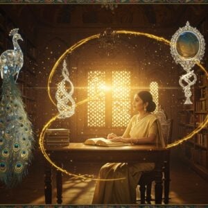 An ethereal Indian library scene with a young Indian woman in a cream silk saree seated at an ornate wooden desk, illuminated by warm golden light streaming through traditional jharokha windows. Around her float translucent, shimmering metaphorical elements - a crystal peacock representing beauty (Rupakam), intertwined lotus stems forming a double helix (Yamakam), and floating mirror reflections (Slesha). The scene is framed by intricate Madhubani-style borders with peacock motifs and Sanskrit verses transformed into flowing, decorative patterns. Behind her, bookshelves extend infinitely, their spines adorned with golden geometric patterns. Swirling threads of light in saffron and deep blue connect different symbolic elements. The lighting is dreamy and soft, with particles of light dancing in the air. The art style combines hyperrealistic digital rendering with traditional Indian artistic elements, maintaining a modern, sophisticated aesthetic. The woman's expression is contemplative and enlightened, suggesting the joy of learning.