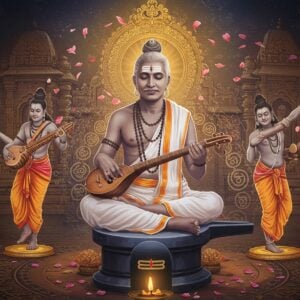 A mystical portrait of Allama Prabhu in traditional white dhoti and shawl, seated in deep meditation on a Shiva lingam platform, emanating a soft ethereal blue glow. His eyes are closed in divine contemplation, with intricate Shaivite tilak on his forehead. Around him, sacred geometry patterns and Kannada-style mandalas float in spiral formation, rendered in gold and saffron hues. The background features a harmonious blend of Hoysala temple architecture elements with floating lotus petals. Multiple translucent layers show him playing the lute in one layer, dancing in another, symbolizing his various spiritual states. Swirling energy patterns in peacock blue and deep maroon connect these layers. The lighting is dramatic with divine rays emerging from above, casting a warm golden glow on his serene face. The scene is rendered in a fusion of traditional Mysore painting style with modern digital art techniques, emphasizing both spirituality and artistic innovation.