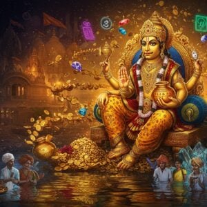 A majestic golden Kubera (God of Wealth) seated on a jewel-encrusted throne, holding a golden pot in his right hand and a lotus in his left, wearing ornate silk robes adorned with intricate Madhubani patterns. Behind him, a modern cityscape merges with traditional Indian temple architecture, created in a surreal gradient of deep saffron to midnight blue. Floating coins, gems, and sacred symbols like the Sri Yantra spiral around him in a dynamic helix. The scene is illuminated by both modern neon lights and traditional oil lamps, creating a harmonious blend of ancient and contemporary prosperity symbols. In the foreground, a crystal-clear reflecting pool shows rippling images of successful modern Indian professionals in business attire alongside traditional merchants. Ethereal golden light particles float through the scene, while sacred geometry patterns in metallic hues form a mandala-like frame. The art style combines hyperrealistic digital rendering with traditional Indian Pattachitra techniques, emphasizing rich textures and metallic finishes. The overall composition suggests abundance, wisdom, and the bridging of traditional values with modern success.