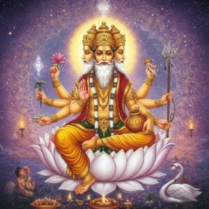 A majestic four-headed Brahma with a golden complexion seated on a pristine white lotus emerging from Vishnu's navel, against a cosmic background swirling with creation energy. Each of his four heads faces different cardinal directions, adorned with a flowing white beard and crown. His eight hands hold specific items - sacred texts (Vedas) in upper right hand, a lotus flower in upper left, water pot (kamandalu) in lower right, sacrificial ladle in lower left, prayer beads in another, with remaining hands in blessing mudras. He wears rich golden dhoti with red and saffron accents, adorned with ornate jewelry including sacred thread. Multiple cosmic elements float around him - newly forming galaxies, stars, and celestial bodies in deep purples and blues. Sacred geometric patterns and mandalas emerge from his aura in gold and white light. His vahana, the swan (Hamsa), gracefully glides nearby. The scene is rendered in a fusion of traditional Madhubani patterns with modern digital art techniques, featuring intricate details and a luminous quality. Ethereal wisps of creation energy in pastel pinks and blues swirl throughout the composition, while small elements of life forms - plants, animals, and humans - emerge from the cosmic soup around him.