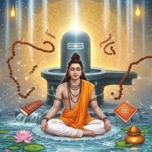 A serene young Indian sage in pristine white dhoti and angavastram, sitting cross-legged in padmasana on a crystalline lotus platform, surrounded by an ethereal golden aura. His features are calm and focused, with a slight smile, tilak on forehead, and well-maintained long black hair tied in a jata. The background features a massive Shiva lingam emanating soft blue light, with sacred rudraksha beads and vedic scriptures floating weightlessly around him. A majestic circular mandala pattern in gold and saffron forms a halo behind him. The foreground shows clear flowing water with lotus flowers, symbolizing purity. Ethereal light beams in pastel blues and whites stream down from above. Small floating orbs of divine energy surround the scene. The art style merges hyperrealistic digital rendering with traditional Madhubani patterns in the mandala and borders. The atmosphere suggests deep meditation, spiritual discipline, and divine connection.