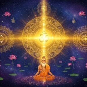 A cosmic, ethereal scene depicting the infinite nature of Brahman - a luminous, formless golden energy radiating from the center of the composition, emanating sacred Om symbols that dissolve into pure light. Multiple translucent layers of mandalas in deep indigo, saffron, and white float in concentric circles, representing different levels of consciousness. In the foreground, a serene Indian sage in meditation pose, rendered in Madhubani art style, appears to be dissolving into the cosmic energy. Sacred geometry patterns and Vedic symbols like the Sri Yantra float ethereally in the background. The entire scene is bathed in a divine golden glow with streams of light particles and subtle sacred Sanskrit symbols appearing and disappearing. Floating lotus flowers in various stages of bloom represent the unfolding of spiritual consciousness. The art style combines hyperrealistic cosmic elements with traditional Indian artistic motifs, creating a modern spiritual aesthetic. The color palette focuses on deep cosmic blues, radiant golds, and pure whites, with hints of purple and saffron accents.
