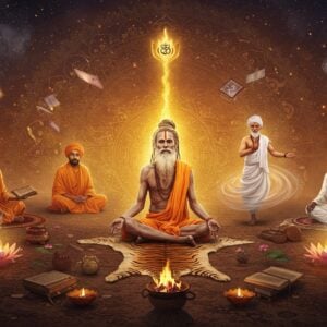 A mystical gathering of diverse Indian spiritual leaders seated in a circular formation against a cosmic mandala background, each Baba representing different spiritual traditions. In the center, an elderly Naga Sadhu with ash-covered body and dreadlocks, radiating golden light. To his right, a Sufi saint in white robes performing whirling meditation, surrounded by swirling energy. To his left, a traditional Guru in saffron robes seated in padmasana on a tiger skin, holding a rudraksha mala. Behind them, a modern spiritual leader in simple white kurta, surrounded by books and technology, symbolizing contemporary wisdom. The scene is set in a ethereal space with floating lotus flowers, smoke from sacred fires, and glowing spiritual symbols. Mystical elements include levitating crystals, orbiting sacred texts, and streams of divine light. The color palette combines deep ochres, saffron, celestial blues, and metallic golds. The art style merges hyperrealistic digital rendering with traditional Madhubani patterns in the background. Sacred geometry patterns float in the air, while translucent veils of energy connect all the figures, symbolizing the interconnectedness of spiritual traditions. Photorealistic, highly detailed, volumetric lighting, cinematic composition.