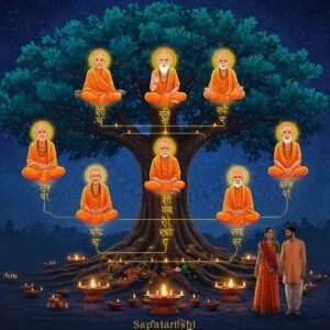 A sacred ancient Indian banyan tree with intricate golden Sanskrit inscriptions ethereally glowing on its bark, its roots forming a complex genealogical pattern resembling a family tree. Seven generations of Indian sages in traditional saffron robes are depicted as translucent, spiritual figures arranged in a vertical hierarchy, each surrounded by a soft golden aura. The scene is set in a mystical twilight with floating diyas and lotus flowers. A young modern Indian couple in contemporary clothing stands at the bottom, connected to the sages through luminous thread-like connections. The background features a large, intricate mandala in peacock blue and gold, with Vedic symbols and patterns. Surrounding the tree are seven small fires representing the Saptarishi, each burning with a different colored flame. The art style combines Madhubani's detailed patterns with modern digital art techniques, creating a seamless blend of ancient and contemporary elements. The lighting is ethereal with soft blues and golds, creating a mystical atmosphere. The overall composition suggests continuity, heritage, and divine connection.