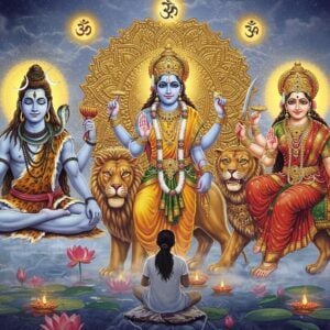 A sacred ethereal scene featuring three distinct Hindu deities - Lord Shiva in his meditative pose with crescent moon, trident, and snake around his neck; Lord Vishnu reclining on Shesha Naga with four hands holding sankha, chakra, gada, and lotus; and Goddess Durga seated on her lion with ten hands holding traditional weapons. They are arranged in a triangular composition with a large, intricate golden mandala behind them. The central focus shows a young Indian seeker in modern clothing kneeling in contemplation, with a subtle golden aura connecting them to all three deities. The background features floating lotus flowers, soft swirling mists in pastel blues and pinks, and delicate spiritual symbols like Om and Swastika rendered in glowing light. Multiple smaller mandalas float in the space, each containing different deity symbols. The scene is illuminated by divine light streams in warm gold and soft white, creating a dreamy, transcendent atmosphere. The art style combines traditional Madhubani patterns in the deities' clothing with modern digital rendering techniques. Intricate jewelry and ornaments on the deities are detailed in gold with gemstones. The overall color palette emphasizes deep navy blues, royal purples, and celestial golds.