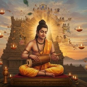 A serene portrait of Kanaka Dasa in traditional dhoti and angavastram, seated cross-legged on an ornate platform before the historic Udupi Krishna Temple, playing the tambura. His face radiates divine devotion with eyes closed in meditation. Behind him, a large, intricate mandala pattern incorporates symbols of both Madhwa philosophy and social equality. The mandala glows with soft golden light, featuring motifs of tambura, lotus flowers, and Krishna's flute. The scene is stylized in a fusion of Mysore traditional painting and modern digital art, with rich deep colors - predominantly royal blue, saffron, and gold. Multiple translucent layers show scenes from his life - teaching common people, composing music, and worshipping through the temple window. Floating musical notes in golden hue surround him, transforming into small glowing diyas. The background features the silhouette of Karnataka's landscape at dawn, with soft morning rays creating a divine atmosphere. The artwork should have a dreamy, ethereal quality while maintaining historical accuracy in clothing and architectural details.