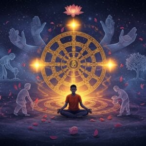 A serene cosmic scene showing the infinite cycle of karma, featuring a large, intricately detailed golden dharma wheel (karma chakra) suspended in ethereal space. The wheel is adorned with Sanskrit symbols and surrounded by spiraling energy trails in deep indigo and saffron. In the center, a young Indian person in modern clothing sits in peaceful meditation, their aura radiating in concentric circles of cause and effect - the positive actions shown in golden light rising upward, while negative actions depicted in deeper purples descend. Multiple translucent hands emerge from the background, performing various actions: one helping an elderly person, another planting a tree, one offering food, creating a visual representation of karma's ripple effects. The scene is illuminated by soft, otherworldly light with floating lotus petals and subtle mandala patterns in the background. The art style combines traditional Madhubani patterns with modern digital art techniques, using a color palette of deep royal blues, burnished golds, and ethereal whites. The overall composition should convey both the ancient wisdom and contemporary relevance of karmic principles.