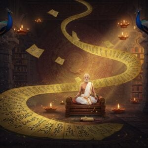 A majestic library setting with an elderly Tamil scholar in traditional white veshti and angavastram, seated cross-legged on an ornate wooden platform, surrounded by palm leaf manuscripts arranged in perfect symmetry. The manuscripts float and spiral around him in a golden helix pattern, with each leaf containing intricate Tamil scripts glowing with ethereal blue light. The background features a large, intricate kolam pattern in deep maroon and gold, merging with modern geometric patterns. Two peacocks, symbolizing Tamil heritage, frame the scene with their feathers creating a natural archway. The lighting is warm and mystical, with rays of sunlight filtering through traditional South Indian temple architecture windows, creating dramatic shadows. Floating diyas cast a gentle glow on ancient Tamil manuscripts. The scene combines Madhubani-style border patterns with modern digital art techniques, using a color palette of deep blues, burnt gold, copper, and ivory. The atmosphere is scholarly yet magical, with subtle particle effects suggesting the timeless nature of knowledge. Multiple palm leaves appear to be arranging themselves in pairs, highlighting the couplet structure.