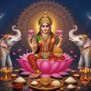 A resplendent Goddess Lakshmi seated on a blooming pink lotus, with four arms - her front right hand in Abhaya mudra, front left hand holding lotus flowers, back right hand showering golden coins, and back left hand holding a golden pot. She wears a rich red and gold silk saree with intricate zari work, adorned with traditional temple jewelry including a crown, necklaces, and bangles. Behind her, a large ornate mandala in gold and deep maroon radiates divine light. Two white elephants flank her, sprinkling water from golden kalash. The foreground features an elaborate puja thali with lit diyas, fresh marigold flowers, kumkum, rice grains, and a conch shell. Floating lotus petals and delicate golden sparkles fill the air. The scene is set in a mystical space with Madhubani-style peacock blue background featuring intricate paisley patterns. Soft glowing aura surrounds the goddess, creating an ethereal atmosphere. The art style combines traditional Indian temple art with modern digital aesthetics, featuring rich deep colors and photorealistic details with a touch of surrealism.
