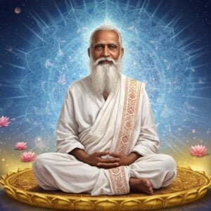 A serene portrait of Maharishi Mahesh Yogi seated in Padmasana on a golden lotus platform, wearing pristine white robes with intricate Indian patterns, his characteristic long white beard and gentle smile radiating peace. Behind him, a large ethereal mandala glows with soft blues and whites, emanating circular waves of light. Multiple translucent layers show scenes of his life: The Beatles at Rishikesh, people practicing Transcendental Meditation, and the global spread of his teaching. Floating lotuses and sacred geometry patterns frame the composition. The background transitions from deep indigo at the top to soft golden light at the bottom. Delicate sacred threads and Om symbols float in the air. The art style combines hyperrealistic portrait details with ethereal Indian traditional art elements, featuring a modern digital aesthetic with lens flares and light particles. The overall mood is peaceful and mystical, with soft glowing highlights and a dreamy atmosphere. The figure should appear three-dimensional and photorealistic while the background maintains a spiritual, artistic quality.