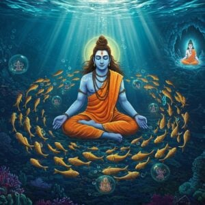 A mystical underwater scene depicting Matsyendranath in lotus meditation pose, wearing saffron-orange robes with intricate Madhubani patterns, floating amidst swirling cosmic waters. His skin has a bluish tinge, long matted hair with sacred ash markings, and a serene expression. He's surrounded by golden and silver fish in spiral patterns, creating a mandala-like formation. Divine light streams through the water in shafts, illuminating sacred Sanskrit texts floating around him. In the background, a young Gorakhnath watches in reverence from a crystal cave. The scene features bioluminescent lotus flowers in deep blues and purples, with subtle golden accents. Ethereal bubbles contain miniature scenes of yoga teachings. The art style combines traditional Indian Pattachitra elements with modern digital art techniques, featuring deep oceanic blues, spiritual golds, and mystical purples. Sacred geometry patterns and yantra symbols subtly emerge from the water currents. Fine details include coral formations resembling ancient temples and phosphorescent plankton creating a magical atmosphere.