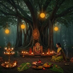 A serene Indian forest grove at twilight, with ancient stone sculptures of tree spirits and nature deities partially covered in moss. A young Indian woman in an earthy green saree performs a sacred ritual around a magnificent sacred Banyan tree adorned with traditional red and yellow threads. The tree's aerial roots create natural mandala patterns. Multiple ethereal golden orbs of light float among the branches. In the foreground, a traditional brass lamp with multiple wicks burns next to arranged offerings of flowers, fruits, and leaves on banana leaves. The scene is illuminated by both moonlight and the warm glow of oil lamps. Delicate smoke trails from incense create mystical patterns in the air. Small shrines with Vastu Purush and Bhumi Devi idols are visible at the tree's base. The overall composition combines hyperrealistic details with magical elements, rendered in rich, deep colors of forest green, earth brown, and gold. Madhubani-style decorative patterns appear in the tree's foliage. The atmosphere suggests deep spirituality and connection with nature.
