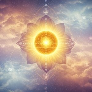 A serene, luminous visualization of the cosmic Paramatman as a radiant golden sphere of pure consciousness floating in an ethereal space, emanating patterns of sacred geometry and Sanskrit symbols. Multiple translucent layers of reality unfold around it like lotus petals, showing the interconnectedness of all existence. The sphere is surrounded by concentric rings of subtle energy in shades of deep indigo, saffron, and celestial blue. Smaller individual soul orbs in crystalline white float towards the central sphere, representing the journey of individual consciousness merging with the supreme. The background features a blend of traditional Madhubani patterns and modern digital sacred geometry, with floating mandalas and subtle Devanagari symbols dissolving into light. Soft beams of divine light pierce through cosmic clouds in pastel purples and blues. The entire scene is rendered in a harmonious mixture of photorealistic and ethereal digital art styles, with a gentle golden glow pervading the entire composition. Small particles of light and energy create a dynamic flow throughout the image, suggesting the eternal dance of consciousness and matter.