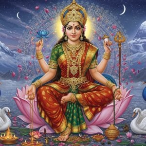 A majestic portrait of Goddess Parvati seated in padmasana on a silver lotus throne against a cosmic backdrop illuminated by soft moonlight. She has four arms - her upper right hand holds a blue lotus, upper left holds a mirror, lower right displays the abhaya mudra, and lower left hand rests gently on her knee. She wears a richly detailed red and gold silk saree with intricate zari work featuring peacock motifs. Her jewelry includes a crescent moon crown, ornate gold necklaces, bangles, and anklets studded with diamonds and emeralds. Her serene face radiates divine beauty with large almond eyes, a gentle smile, and a red bindi. Around her float mystical elements - snow-capped Himalayas in the background, sacred Mount Kailash emanating ethereal light, white swans, peacocks, and blooming lotus flowers. The scene is surrounded by a glowing mandala pattern featuring Devanagari Sanskrit symbols. The art style combines hyperrealistic digital rendering with traditional Thanjavur painting influences, featuring rich gold work and gemstone embellishments. Soft pastel aura surrounds her form, suggesting divine energy, while floating rose petals and gentle mist add movement to the composition.