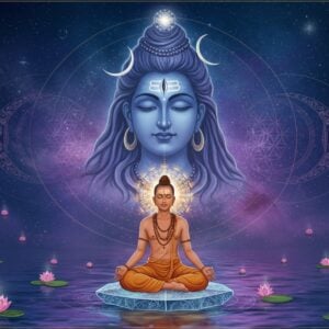 A serene Indian yogi in deep meditation, sitting in padmasana on a crystalline lotus platform floating above calm waters. The yogi's third eye radiates a soft golden light, with concentric rings of Sanskrit vibrations emanating outward. Behind him, a large cosmic Shiva face emerges from swirling cosmic energy, half-materialized, representing the divine consciousness. Multiple transparent layers of reality fold and unfold around the scene, symbolized by translucent mandalas and sacred geometry patterns in deep indigo and gold. Ethereal wisps of consciousness, depicted as luminescent threads, connect the yogi's crown chakra to the cosmic Shiva. The background features a gradient from deep midnight blue to cosmic purple, with subtle stars and nebulae. Small floating lotuses emit soft light, creating a dreamlike atmosphere. The scene is rendered in a fusion of traditional Kashmiri art style with modern digital art techniques, featuring rich textures and elegant flowing lines. The overall composition emphasizes the journey from individual consciousness to universal awareness.