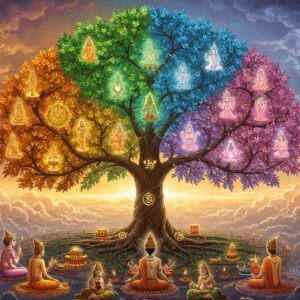 A majestic Indian sacred tree of life at center, with four distinct, glowing branches representing the Purusharthas. The Dharma branch glows in royal gold with symbols of duty and righteousness - a dharma wheel and sacred fire. The Artha branch illuminates in prosperous emerald green with subtle coins and gems. The Kama branch blooms in passionate deep rose with delicate lotus flowers and divine couples in eternal dance. The Moksha branch radiates pure white light with floating meditation figures and omkara symbols. The tree grows from a mandala base with intricate Madhubani patterns. Swirling energy streams in saffron and peacock blue connect all branches. Background features ethereal clouds in soft pastels. Multiple enlightened beings in modern Indian attire meditate around the tree. Scene has depth with floating sacred geometric patterns. Lighting is dramatic with god rays. Style combines traditional Indian art with modern digital fantasy art. Atmosphere is deeply spiritual and profound.