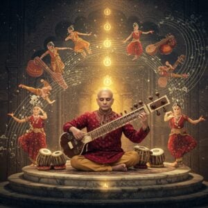 A serene Indian classical musician seated cross-legged on an ornate marble platform, playing a golden sitar with eyes closed in deep concentration. Around them, ethereal visualizations of musical notes transform into flowing, colorful patterns resembling peacock feathers in shades of deep blue, gold, and saffron. Multiple translucent layers show time signatures - morning ragas depicted by a rising sun in warm oranges, evening ragas in cool purples. Delicate mandalas made of musical instruments (veena, tabla, tanpura) float in a spiral pattern. The background features a grand traditional Indian archway with intricate Madhubani-style patterns. Swirling energy patterns in soft pastels represent the seven musical notes. The musician wears a rich maroon silk kurta with golden embroidery. The scene is illuminated by soft, divine light streams. Multiple semi-transparent bharatanatyam dancers in graceful poses appear like celestial beings, responding to the music. Photorealistic rendering with magical realism elements, cinematic lighting with golden hour glow, extremely detailed ornamentation, spiritual atmosphere.