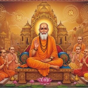 A serene portrait of Saint Ramananda seated in padmasana on an intricately carved stone platform, wearing saffron robes with traditional Indian patterns. His face radiates divine wisdom with a gentle smile, gray beard, and tilak on forehead. Behind him rises a massive golden temple architecture with detailed Vaishnavite symbols. On either side, his disciples in varying poses of devotion, including both Hindu and Muslim followers, symbolizing his inclusive philosophy. The scene is illuminated by warm, ethereal light creating a glowing aura around Ramananda. In the foreground, the sacred Ganga flows with lotus flowers, while the background features the ghats of Varanasi in Madhubani art style. Multiple floating mandalas with Ram-naam inscribed appear in subtle golden light. The color palette focuses on deep saffrons, celestial blues, and burnished golds. The composition includes delicate details like floating flower petals, intricate jewelry, and traditional Indian architectural elements blended with surreal, spiritual elements. Style should merge traditional Pattachitra art with modern digital aesthetics, emphasizing both historical accuracy and contemporary appeal.
