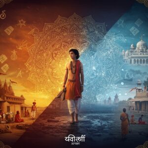 A transformative Indian scene split diagonally - the lower half shows a rural village setting with traditional mud houses and people in simple clothing, while the upper half transitions into an elegant urban landscape with modern architecture. In the center, a young Indian man stands at the intersection, his appearance gradually morphing from simple rural attire on one side to sophisticated urban clothing on the other. Behind him, a large, intricate golden mandala radiates outward, symbolizing spiritual evolution. The scene features sacred threads, temple spires, and Sanskrit scriptures floating ethereally in the background. Rich colors of deep maroon, saffron, and peacock blue dominate, with golden accents throughout. Delicate Madhubani-style patterns frame the edges, while modern digital gradient effects create a seamless blend between the two worlds. The lighting is warm and mystical, with soft glowing orbs and subtle light rays. Traditional musical instruments and educational symbols are tastefully scattered throughout the scene. Hyperrealistic digital art style with subtle traditional Indian art influences.