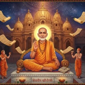 A luminous portrait of Sant Namdev seated in padmasana on a marble platform, wearing simple white dhoti and angavastram, radiating divine light. His hands are positioned in chin mudra, with a sacred manuscript nearby. Behind him rises a massive ornate temple structure with Marathi-style architecture, its spires reaching into a cosmic sky filled with swirling mandalas and geometric patterns in deep indigo and gold. Floating scrolls with bhajans emerge from his aura, transforming into streams of golden light. The foreground features devotees in traditional Maharashtrian attire dancing in spiritual ecstasy. Rich Pattachitra-style border details frame the scene with intricate patterns of lotus flowers and Devanagari scriptural motifs. The lighting is ethereal with soft golden rays filtering through temple windows, creating a mystical atmosphere. The color palette focuses on deep maroons, saffron, and peacock blue with highlights of burnished gold. The art style merges traditional Indian miniature painting techniques with modern digital art aesthetics, hyperrealistic details in the face and hands, 8k resolution, cinematic lighting.