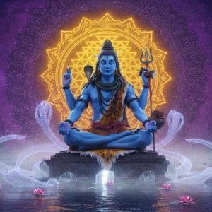 A majestic Lord Shiva manifestation as Siddheshwar in deep meditation, seated in padmasana on a crystalline platform floating above serene waters. His form radiates divine blue light, with four arms - upper right holding trishul, upper left holding damaru, lower right in abhaya mudra, lower left holding kamandalu. His eyes are half-closed in eternal wisdom, with a crescent moon adorning his matted hair intertwined with the sacred Ganga. The background features a massive, intricate Sri Yantra made of golden light, surrounded by swirling cosmic energies in deep purples and blues. Modern geometric patterns blend seamlessly with traditional Madhubani art style, creating mandalas and sacred geometry in the atmosphere. Ethereal mist surrounds the base, with subtle lotus flowers emerging from the water. The scene is illuminated by soft, otherworldly light creating a balance between ancient wisdom and contemporary aesthetics. Multiple translucent serpents coil gracefully around him, representing Kundalini energy. Photorealistic render, cinematic lighting, spiritual atmosphere, 8K quality.