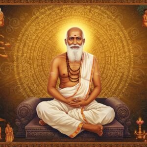 A serene portrait of Sree Narayana Guru in traditional white dhoti seated in padmasana on a carved stone platform, his face radiating wisdom and compassion with gentle smile, silver hair and beard, against a luminous golden backdrop adorned with intricate Malayalam script patterns. Around him, a circular mandala formation of his key teachings represented through symbolic elements: a broken chain symbolizing social freedom, a lit lamp representing knowledge, lotus flowers for spiritual awakening, and a temple spire merging into modern cityscape showing his lasting impact. The scene features soft, ethereal lighting with rays of dawn breaking through, creating a mystical atmosphere. Art style combines traditional Kerala mural art elements with modern digital aesthetics, using a palette of ivory, saffron, deep blue, and gold. Small vignettes in Madhubani style around the borders show scenes of his social reform activities. The overall composition suggests timelessness, wisdom, and transformation, with subtle glowing aura and floating translucent sacred threads in the background.