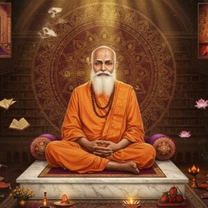 A serene portrait of Swami Dayananda Saraswati seated in padmasana on a marble platform, wearing saffron robes with intricate Madhubani-style border patterns. His face radiates wisdom and compassion, with flowing white beard and gentle eyes. Behind him, a large ornate mandala in gold and deep maroon combines Vedic symbols and geometric patterns. The background features a stylized library with ancient Sanskrit texts floating ethereally, their pages emanating soft golden light. On either side, small vignettes show scenes from his life: the Arya Samaj symbol, a teaching scene with disciples, and ceremonial fire (havan). The lighting is warm and divine, with rays of light streaming through the composition. The art style merges traditional Indian miniature painting techniques with modern digital art, featuring rich colors like deep saffron, burgundy, and celestial blue. Floating lotus flowers and subtle smoke trails add a mystical atmosphere. The overall composition should be photorealistic with elements of Indian spirituality and classical architecture.