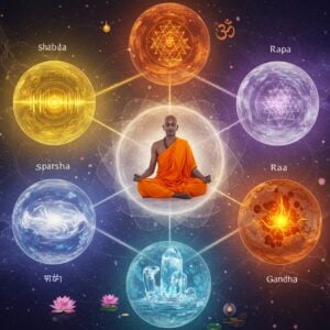 A mystical ethereal scene showing five interconnected translucent cosmic spheres arranged in a mandala pattern, each sphere representing a Tanmatra: a golden sphere emanating sound waves (Shabda), a swirling white-blue sphere with rippling air currents (Sparsha), a radiant orange-red sphere with dancing flames (Rupa), a crystalline sphere with flowing water and nectar (Rasa), and an earthy brown sphere with organic patterns (Gandha). At the center, a serene Indian yogi in meditation, floating with eyes closed, wearing saffron robes. Sacred geometry patterns and Sanskrit yantra designs float in the background. The entire scene is bathed in a soft, otherworldly glow with streams of consciousness-like energy flowing between the spheres. Delicate lotus flowers and Om symbols float around the composition. The art style combines traditional Madhubani patterns with modern digital painting techniques, using a palette of deep indigos, celestial blues, cosmic purples, and spiritual golds. Photorealistic rendering with a touch of surrealism, dramatic lighting with god rays, and particle effects creating a sense of divine energy.