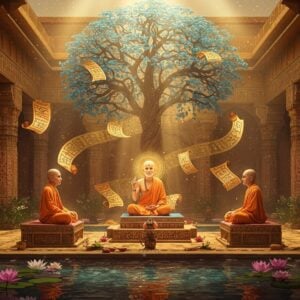 A mystical scene in a traditional Indian courtyard with intricate Madhubani-style pillars, showing three enlightened Indian philosophers in traditional dhoti and angavastram seated in padmasana on carved stone platforms. The central figure gestures in chinmudra, with a subtle golden aura surrounding him. Above them, a large, ethereal tree of knowledge rendered in peacock blue and gold, its branches forming intricate mandalas and sacred geometric patterns. Floating scrolls with Sanskrit-style patterns (without actual text) spiral around the tree. The scene is illuminated by warm, divine light streaming through crystal-clear water ripples in the background. Lotus flowers in soft pink and white float in small pools around the courtyard. The color palette combines deep maroons, saffron, and gold with modern digital art techniques creating a surreal glow. The entire scene is framed by ornate architectural elements featuring traditional Indian motifs and patterns. Hyperrealistic digital art style with spiritual undertones, emphasizing depth and philosophical contemplation.