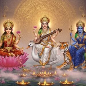 A divine ethereal scene showing three majestic Indian goddesses - Goddess Lakshmi seated on a blooming pink lotus wearing red-gold silk saree with four arms holding lotus flowers and gold coins, radiating prosperity; Goddess Saraswati in pure white silk robes seated on a white swan with four arms holding veena, books, and crystal rosary, surrounded by peacock feathers and flowing knowledge scrolls; Goddess Parvati in royal blue silk with gold embroidery seated on a tiger, four arms holding trishul and damru, emanating divine strength. The three goddesses form a triangular composition with their distinct auras - golden for Lakshmi, white for Saraswati, and deep blue for Parvati. Behind them, a massive ornate mandala in gold and copper tones radiates divine light. The scene is decorated with floating lotus flowers, vedic symbols, and swirling energy patterns in Madhubani style. Mystical fog in pastel pink and blue drifts through the scene. The lighting is ethereal with god rays emerging from behind the goddesses. Art style is a fusion of traditional Indian Pattachitra patterns with modern digital fantasy art, ultra-detailed, cinematic.