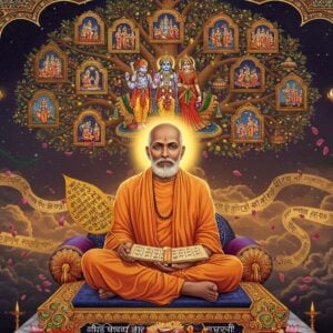 A serene portrait of Sant Tulsidas seated in padmasana on an ornate marble platform, wearing saffron robes with intricate golden threadwork. He holds a palm leaf manuscript decorated with Devanagari script. Behind him, a large, ethereal Ram Darbar scene manifests like a divine vision - Lord Ram, Sita, Lakshman, and Hanuman rendered in traditional Madhubani style but with a modern, glowing aura. The background features a massive copper-gold tree of life with each branch containing miniature scenes from the Ramcharitmanas in Phad painting style. Floating peacock feathers and lotus petals surround the composition. The lighting is mystical with soft golden rays filtering through clouds, creating a dreamlike atmosphere. The color palette consists of deep maroons, royal blues, and burnished golds. Multiple translucent layers of Sanskrit verses flow like ribbons of light around Tulsidas. A large ornamental arch frame with intricate Indian motifs and gemstones encompasses the entire scene. The artwork seamlessly blends photorealistic elements with traditional Indian art styles, creating a surreal and spiritual atmosphere.