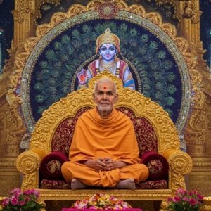 A serene portrait of an enlightened Indian spiritual master in rich maroon and saffron robes, seated in padmasana on an ornate golden throne adorned with Krishna motifs. His face radiates divine wisdom with a gentle smile, surrounded by a luminous aura in soft pastels. Behind him, a large, intricate mandala in Pushtimarg style features Krishna at its center, rendered in deep peacock blue and gold. Modern holographic elements blend seamlessly with traditional Nathdwara painting style. The background shows the cosmic visualization of Brahman as pure consciousness, depicted through flowing streams of golden light and floating lotus petals. Digital sacred geometry patterns interweave with traditional Indian architectural elements. The lighting is ethereal, with soft glows emanating from crystal-like formations representing the soul's journey to divine realization. The scene incorporates subtle elements of modern technology like floating translucent screens displaying vedantic symbols, merging ancient wisdom with contemporary aesthetics. The color palette combines deep traditional colors with modern metallic and iridescent effects. Photorealistic rendering with spiritual surrealism, 8k quality, cinematic lighting.