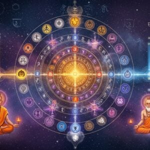 A mystical cosmic scene depicting the 25 Tattvas arranged in a sacred geometric spiral pattern, emerging from a central golden Purusha (depicted as a radiant sphere of pure consciousness) at the core. The spiral flows outward through concentric circles, each representing different tattvas - starting with Prakriti (shown as a swirling dance of three distinct energies in saffron, white, and deep blue representing the three gunas). The outer rings show the five elements (earth, water, fire, air, space) as intricate Madhubani-style symbols. The eleven indriyas are portrayed as lotus petals in soft pastels, while the five tanmatras appear as ethereal light streams in gold and silver. The scene is set against a deep cosmic background with subtle fractals and sacred geometry patterns. A serene Indian sage in meditation pose floats in ethereal space, observing this cosmic dance of creation. The entire composition is illuminated by soft, divine light with hints of peacock blue and deep purple, creating a modern yet spiritual aesthetic. Intricate mandala patterns and Sanskrit symbols float delicately in the background. The art style combines digital precision with traditional Indian art elements, creating a surreal and transcendent atmosphere.
