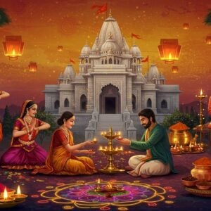 A vibrant panoramic scene showcasing multiple layers of Indian cultural elements, with a modern aesthetic twist. In the center, a young Indian family in contemporary Indo-western attire performs a traditional aarti ceremony with gleaming brass diyas. Behind them, a grand marble temple structure with intricate Nagara-style architecture rises, its facade decorated with modern LED lights. The foreground features a detailed Rangoli pattern made with both traditional colored powder and glowing neon elements. On the left, classical dancers in Bharatanatyam poses appear in flowing silk costumes with modernized design elements. On the right, a modern kitchen scene shows traditional Indian spices in sleek glass containers next to copper cooking vessels. The background features a gradient sky transitioning from deep saffron to midnight blue, decorated with floating mandala patterns and geometric sacred symbols. Diwali lanterns and fairy lights create a warm, magical atmosphere. The art style combines Madhubani patterns with digital art techniques, using a color palette of deep maroon, golden yellow, peacock blue, and metallic accents. Soft volumetric lighting bathes the scene in a mystical glow. The scene is framed by stylized lotus flowers and peacock feather motifs.