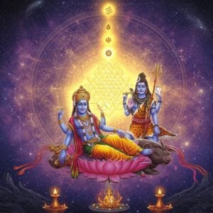 A majestic cosmic scene depicting Lord Brahma, Vishnu, and Shiva emerging from a brilliant golden light at the center. Brahma (four-headed, four-armed, holding vedas, water pot, lotus and prayer beads) seated on a lotus, Vishnu (four-armed, holding conch, chakra, mace, and lotus) reclining on Shesha Naga, and Shiva (four-armed, holding trishul, damru, with crescent moon on head) in meditation pose. Behind them, a large, intricate Sri Yantra mandala radiates ethereal energy in shades of deep purple and cosmic blue. Floating sacred symbols include Om ॐ, swastikas, and lotus flowers rendered in glowing gold. Multiple dimensions of reality shown through translucent layers, with smaller manifestations of various deities like Ganesha, Lakshmi, and Saraswati emerging from the central light. The scene is adorned with swirling galaxies, constellation patterns, and flowing sacred threads. Soft flowing streams of consciousness depicted as ribbons of light in pastel blues and pinks. Art style combines hyperrealistic digital rendering with traditional Madhubani patterns and motifs, enhanced by volumetric god rays and particle effects. 8k, highly detailed, cinematic lighting.