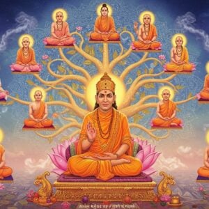 A majestic spiritual scene depicting Sri Narasimha Saraswati in the center, seated in padmasana on a golden lotus platform, wearing saffron robes with intricate Madhubani-style patterns, radiating divine light. Behind him rises a ethereal tree of guru lineage, its branches formed by flowing golden energy lines connecting to seven previous gurus, each seated in meditation pose on lotus pedestals. The gurus are shown smaller, floating at different heights, creating depth. Each guru has a subtle golden aura. The background features a large, detailed mandala in peacock blue and gold, with Sanskrit symbols subtly woven into its pattern. The scene is illuminated by soft, otherworldly light in pastel hues of pink and blue. Floating lotus flowers, subtle smoke trails, and glowing spiritual symbols surround the composition. The art style merges traditional Pattachitra techniques with modern digital art, emphasizing photorealistic faces with traditional Indian artistic elements. The overall composition creates a sense of timeless wisdom and spiritual succession.