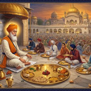 A serene evening scene at a grand Gurudwara courtyard, where Guru Amar Das Ji, depicted with a long white beard and wearing pristine white traditional clothes with a saffron turban, sits cross-legged on the ground alongside people from different castes and social backgrounds. The Guru is serving food with his own hands to a diverse group of devotees. The scene features intricate Madhubani-style borders with geometric patterns in gold and deep blue. A massive brass langar hall extends in the background with beautiful Mughal-style architecture, where hundreds of people sit in perfect rows on white sheets. Steam rises aesthetically from large traditional brass vessels. Warm golden light from traditional oil lamps illuminates the scene, creating a divine atmosphere. In the foreground, detailed brass thalis filled with dal, roti, and sabzi are arranged in a circular pattern forming a mandala-like design. Subtle rays of divine light descend from above, while lotus motifs and peaceful doves accent the corners. The color palette includes deep maroons, saffron, gold, and peacock blue, with soft glowing highlights. Photorealistic digital art style with spiritual undertones.