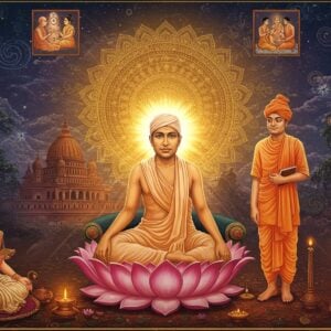 A serene, luminous portrait of Sri Ramakrishna in deep meditation, seated in padmasana on a blooming lotus platform, wearing a simple white dhoti with a peaceful expression. Behind him, a large, ethereal, golden mandala radiates divine light. To his right, Swami Vivekananda stands in his signature saffron robes, holding the Vedas. To his left, Ma Sarada Devi in white saree with a compassionate smile. The background features the historic Dakshineshwar Temple with its distinctive Bengali architecture merging into a cosmic spiritual realm filled with floating lotus flowers, subtle Vedic symbols, and swirling energy patterns in deep blues and golds. The scene is rendered in a fusion of traditional Pattachitra art style with modern digital aesthetics, featuring intricate patterns and glowing auras. Multiple smaller vignettes float in the ethereal space showing scenes of service, education, and meditation. The lighting is mystical with warm golden rays emanating from the center, creating an atmosphere of divine presence and spiritual awakening. The color palette combines deep maroons, saffron, peacock blues with highlights of shimmering gold.