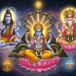A grand celestial scene depicting three majestic Hindu deities arranged in a triangular composition against a cosmic background with swirling galaxies and divine light. In the center, Lord Vishnu reclines on the cosmic serpent Shesha, four-armed, holding Shankha, Chakra, Gada, and Padma, wearing pitambara and crown adorned with precious gems. To the right, Lord Brahma sits on a pink lotus, four-headed, four-armed, holding Vedas, kamandalu, mala, and showing abhaya mudra, with a white beard and peaceful expression. To the left, Lord Shiva in meditation pose, third eye prominent, crescent moon in matted locks, four-armed holding trishul, damaru, rudraksha mala, and showing abhaya mudra, with sacred Ganga flowing from his hair. Each deity emanates their signature aura - golden for Vishnu, soft red for Brahma, and cool blue for Shiva. The background features intricate Madhubani-style patterns merged with modern digital effects, showing creation, preservation, and dissolution cycles through subtle symbolic elements. Sacred geometric mandalas float behind each deity, connecting them through streams of divine light. The art style combines hyperrealistic deity features with ethereal Indian traditional art elements, rendered in rich colors of deep gold, celestial blue, and cosmic purple.