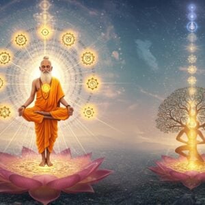 A serene Indian sage in meditation pose floating above a cosmic lotus flower, wearing traditional saffron robes with intricate Madhubani-style patterns. Eight golden threads emerge from his heart chakra, each connecting to floating circular mandalas representing the eight limbs of yoga. The background features a spiral of ancient Sanskrit sutras transforming into ethereal light particles. The scene is illuminated by a soft, divine glow in shades of pastel blue and gold. Multiple translucent layers of consciousness are depicted through geometric sacred patterns rising upward. In the foreground, a stylized tree of enlightenment with branches forming yogic postures. The composition includes subtle representations of the five elements through artistic symbols. Photorealistic digital art style with surreal elements, emphasizing depth and dimensional layers. The overall atmosphere suggests deep wisdom and spiritual transcendence, with a harmonious blend of traditional and modern artistic elements.