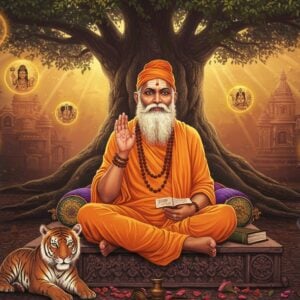 A serene portrait of Swami Samarth seated in padmasana on a carved stone platform, wearing traditional saffron robes with rudraksha malas. His distinctive features include flowing white beard, intense eyes radiating divine wisdom, and tilak on forehead. His right hand is raised in blessing mudra while left hand holds sacred texts. Behind him rises a massive sacred audumbar tree with golden light filtering through its leaves. The background features an ethereal blend of Maharashtrian temple architecture with intricate mandala patterns in deep maroon and gold. Floating spheres of light surround him, each containing glimpses of his miracles. The scene is rendered in a fusion of traditional Pattachitra art style with modern digital aesthetics, using rich colors like deep saffron, burgundy, and celestial blue. A subtle glow emanates from his form, suggesting his divine presence. The atmosphere is mystical with wispy sacred smoke, floating lotus petals, and symbolic elements like the tiger (representing his vehicle) resting peacefully at his feet. Hyperrealistic details in his face convey both compassion and spiritual power.