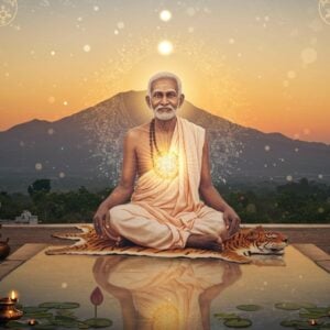 A serene portrait of Ramana Maharshi in his characteristic white dhoti, seated in padmasana on a tiger skin against the backdrop of sacred Arunachala mountain at dawn. His face radiates divine peace with a subtle smile and half-closed eyes in meditation. A golden aura surrounds him, merging with the warm sunrise colors. In the foreground, a stylized lotus pond reflects his image, symbolizing self-reflection. Multiple translucent layers showing the same figure getting progressively more luminous, representing the journey from form to formless. Intricate Madhubani-style patterns in gold and saffron float in the ethereal space around him. The scene features soft, glowing orbs of light in pastel blues and whites, representing the states of consciousness. Sacred geometry patterns emerge from his heart center, creating a mandala effect. The overall composition has a dreamy, spiritual quality with a mix of photorealistic and traditional Indian art elements. The lighting is soft and ethereal, with emphasis on golden hour warmth.