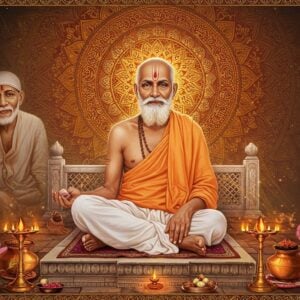 A serene portrait of Upasni Maharaj in traditional white dhoti, seated in padmasana on a stone platform at Sakori Ashram, with his distinctive white beard and intense, compassionate eyes. Behind him rises a large, intricate mandala in gold and saffron hues, emanating divine light. The scene is styled in a fusion of hyperrealistic digital art and traditional Madhubani patterns. Multiple translucent layers show his journey - one layer depicting him with Sai Baba of Shirdi, another showing him teaching disciples at Sakori. Sacred symbols like Om float ethereally in the background. The foreground features meticulously detailed copper vessels and sacred items from his ashram. The lighting is mystical with warm golden rays filtering through, creating an aura of divinity. The color palette combines earthy browns and whites with touches of deep maroons and celestial blues. Delicate lotus flowers in pale pink float around the composition, while intricate Pattachitra-style borders frame the scene. The overall atmosphere conveys both spiritual power and serene wisdom.